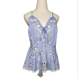 Eyelet Camisole Corset Top 12 Peplum Cutouts Embroidered Boho Cottage Sleeveless